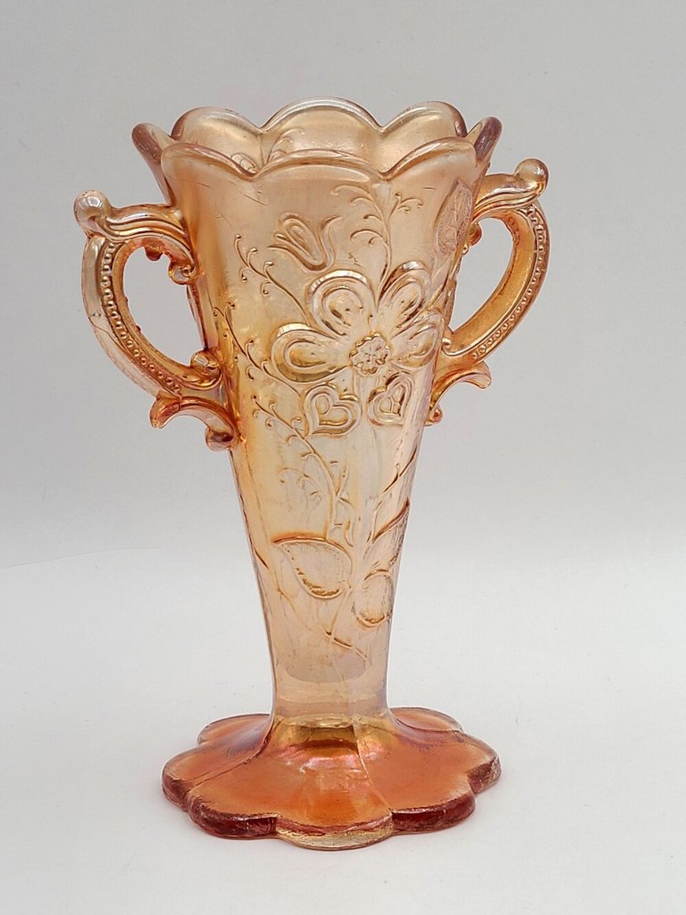 Antique Dugan Marigold Orange Carnival Glass Two Handled Mary Ann Vase